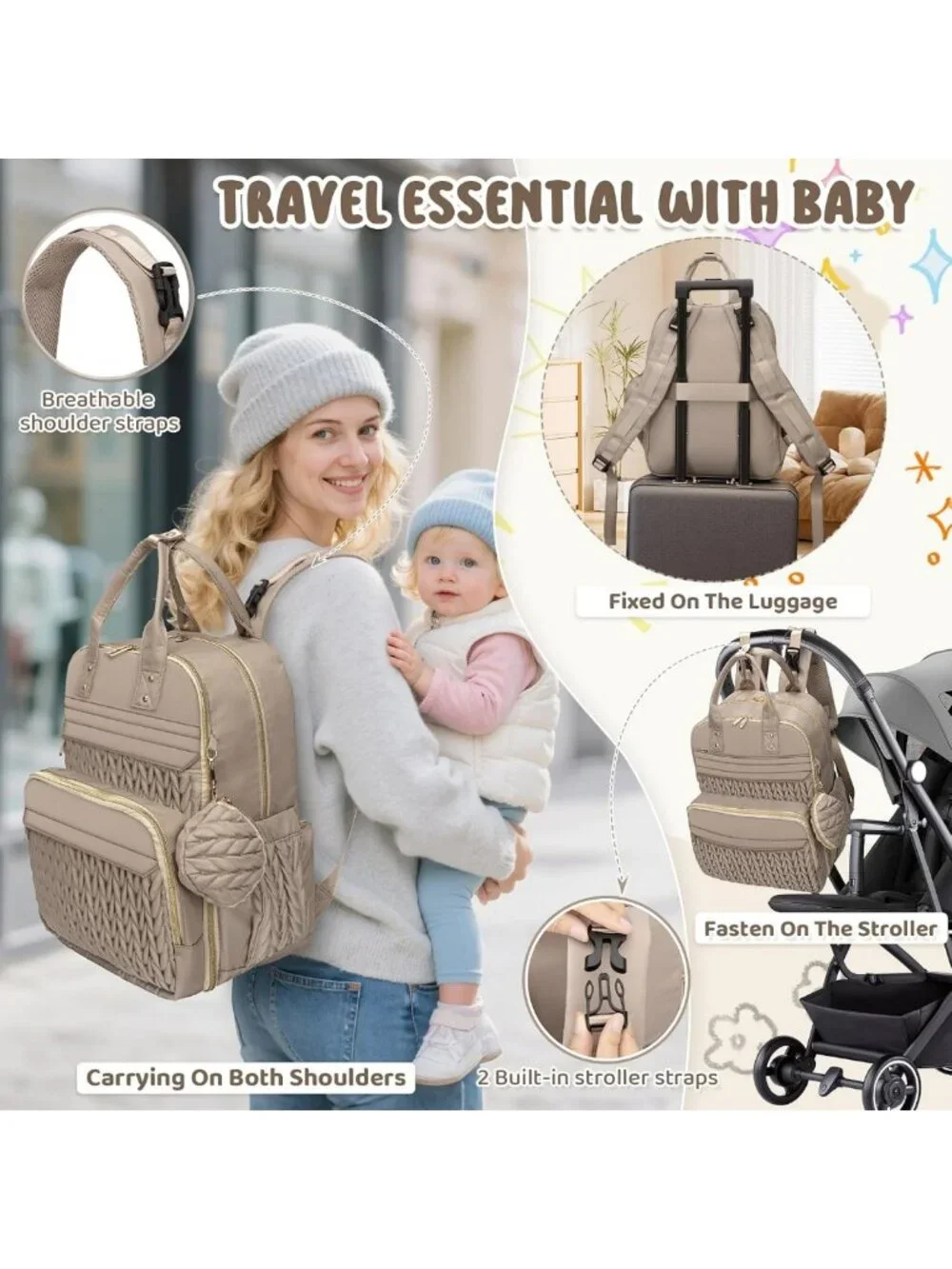 Stylish Waterproof Diaper Bag Backpack with Changing Pad, USB Port & Stroller